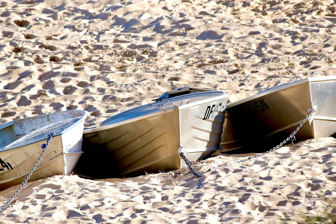 white and blue boat on white sand during daytime
