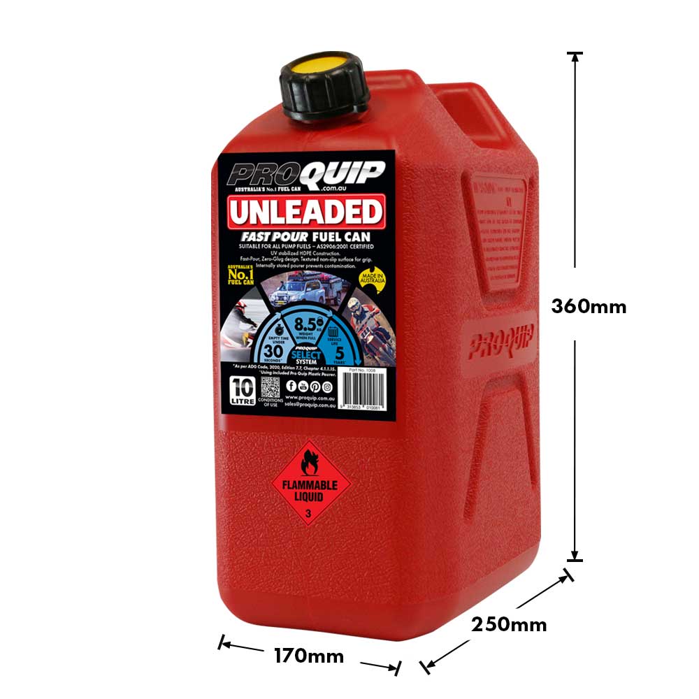 ProQuip 10L Plastic Fast Pour Fuel Can - Unleaded Red - Boatyard Malaysia