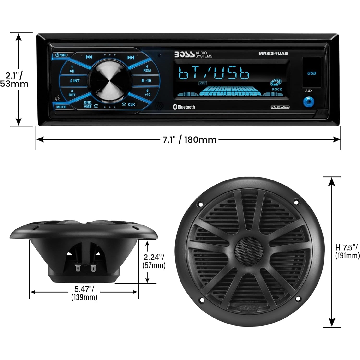 Boss Audio MCBK634B.6 Package W/MR634UAB, 2-MR6B Speakers & MRANT10 Antenna - Black - Boatyard Malaysia