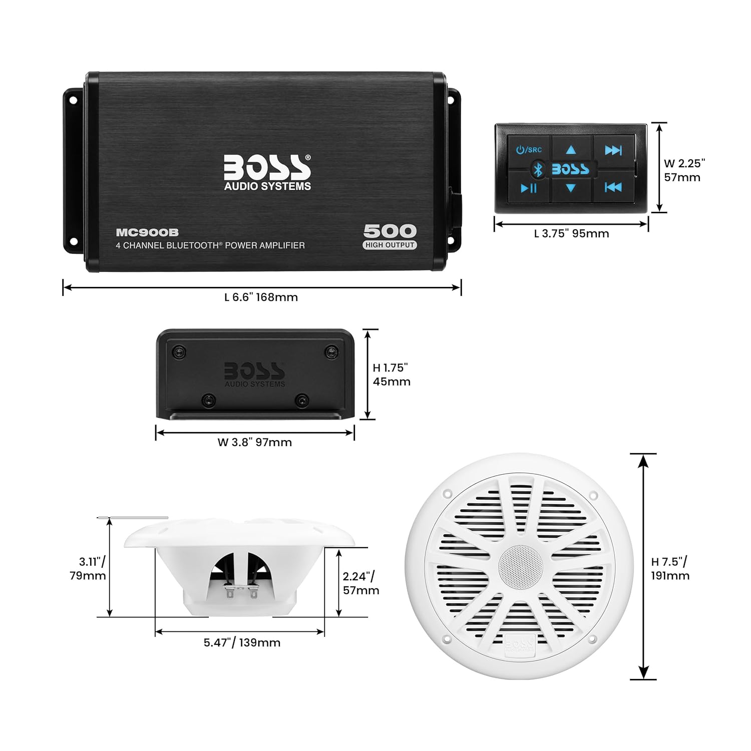 ASK902B.6 Package with 4-Channel Bluetooth Amplifier with Remote, 2 MR6W 6.5" White Speakers, USB/AUX Input & Waterproof Case boatyardmalaysia