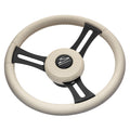 SCHMITT MARINE Torcello Elite 14" Wheel - Beige Leather & Cap - White Stitching - Black SS Spokes - 3/4" Tapered Shaft - Boatyard Malaysia