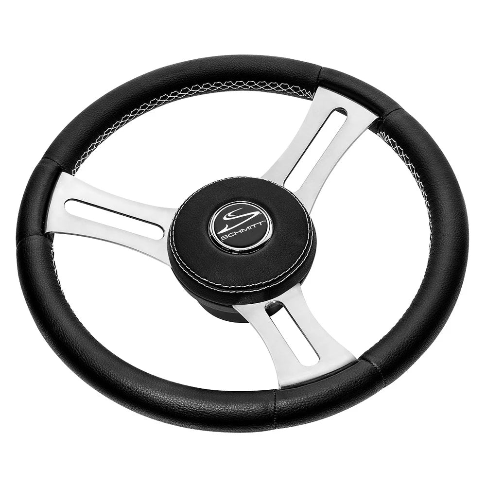 SCHMITT MARINE Torcello Elite 14" Wheel - Black Leather & Cap - White Stitching - Polished SS Spokes - 3/4" Tapered Shaft - Boatyard Malaysia