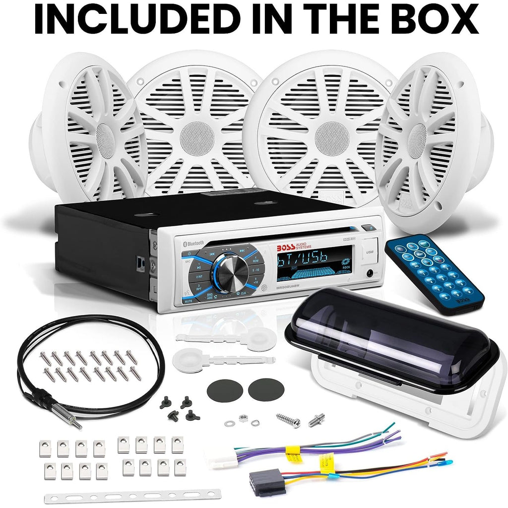 Boss Audio MCK508WB.64S Package W/MR508UABW Stereo - 2-Pair MR6W Speakers & MRC5 Enclosure & Antenna - Boatyard Malaysia