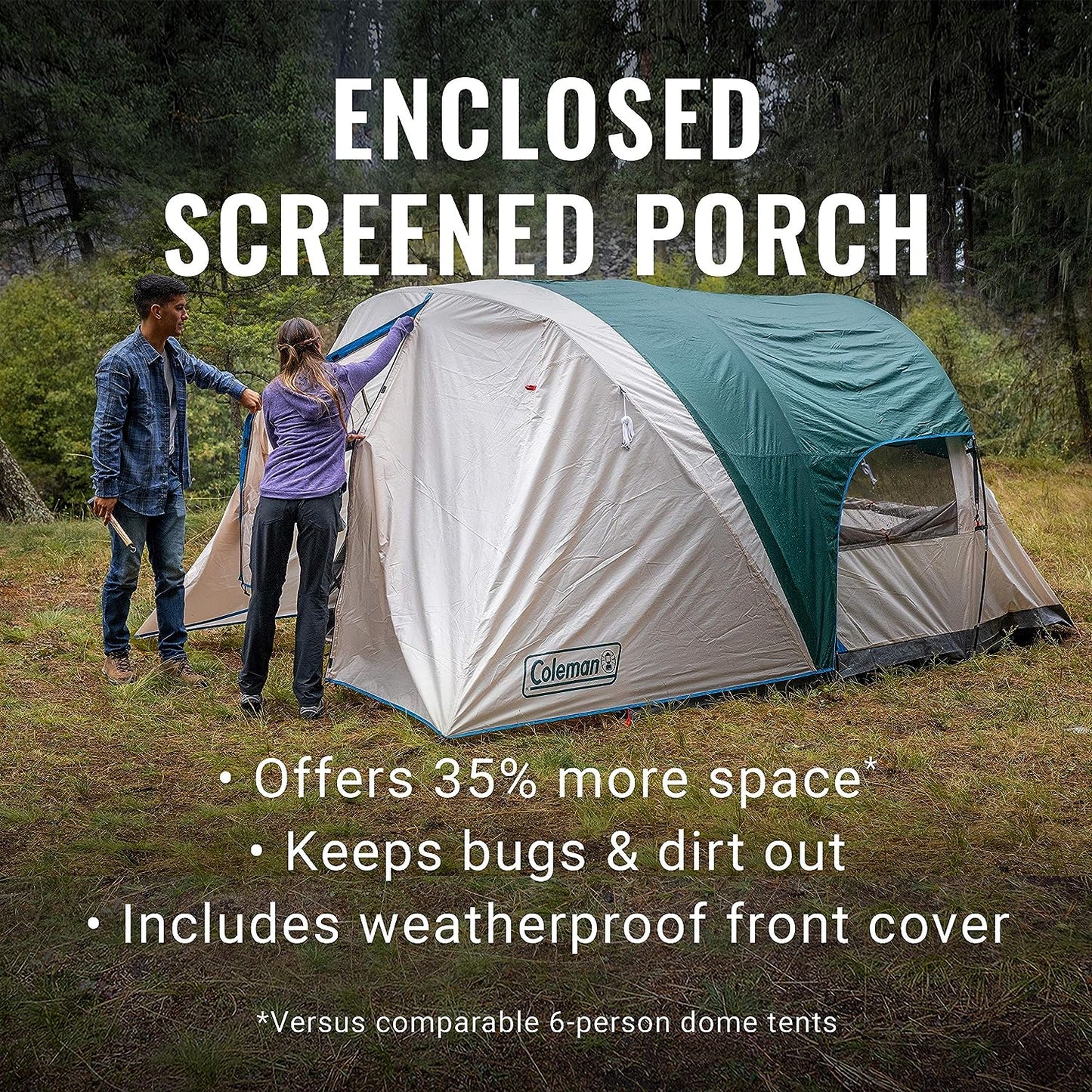6-Person Cabin Tent with Enclosed Weatherproof Screened Porch, Evergreen