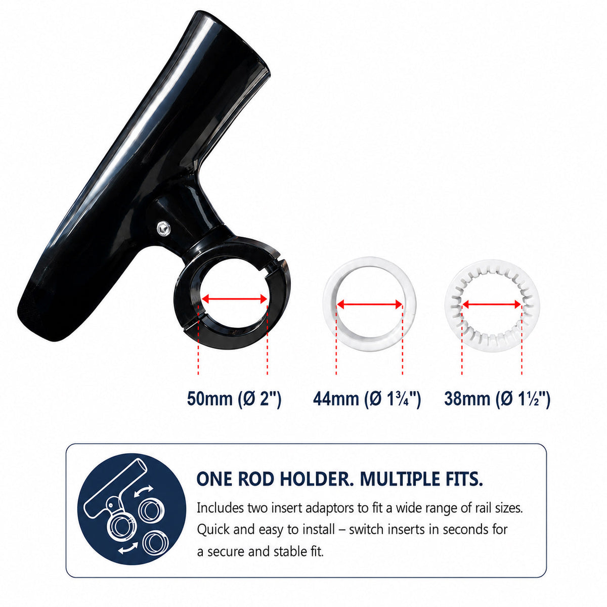 Aluminium Clamp-On 360° Rod Holder Regular 38-44-50MM
