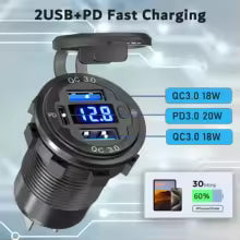 12V/24V USB Outlet PD3.0 & QC3.0 Car USB Port Aluminum Socket with Button Switch Voltmeter for Car RV Marine Motorcycle Truck boatyardmalaysia