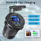 12V/24V USB Outlet PD3.0 & QC3.0 Car USB Port Aluminum Socket with Button Switch Voltmeter for Car RV Marine Motorcycle Truck boatyardmalaysia