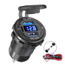 12V/24V USB Outlet PD3.0 & QC3.0 Car USB Port Aluminum Socket with Button Switch Voltmeter for Car RV Marine Motorcycle Truck boatyardmalaysia