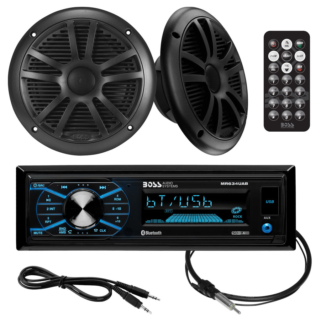 Boss Audio MCBK634B.6 Package W/MR634UAB, 2-MR6B Speakers & MRANT10 Antenna - Black - Boatyard Malaysia