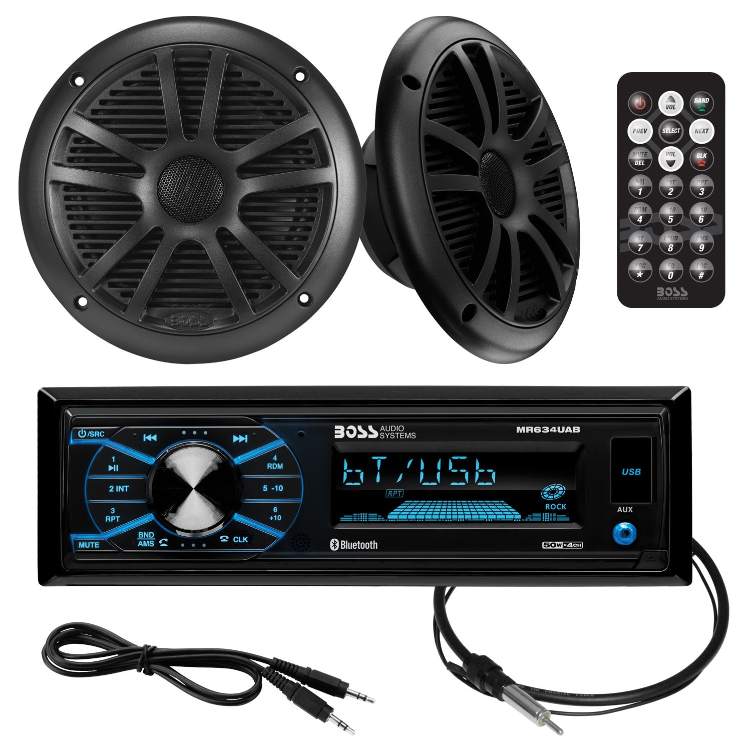 Boss Audio MCBK634B.6 Package W/MR634UAB, 2-MR6B Speakers & MRANT10 Antenna - Black - Boatyard Malaysia