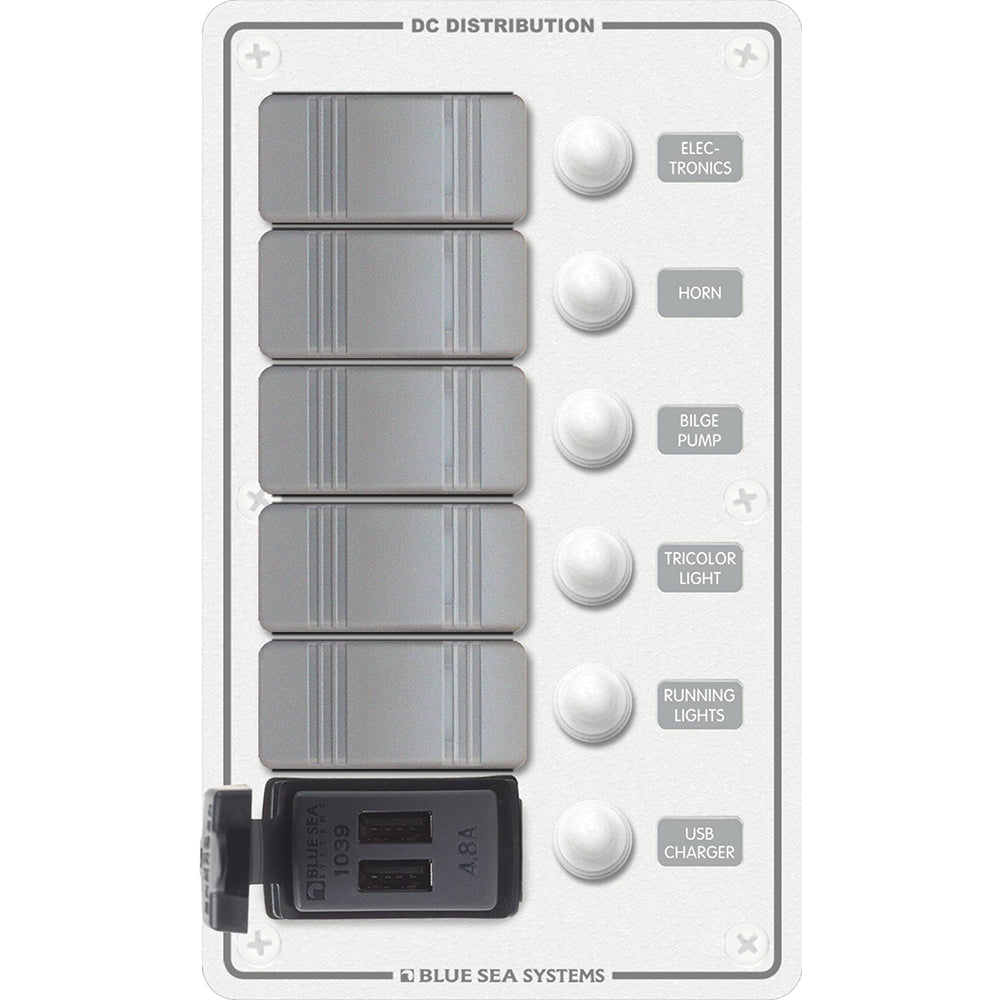 Blue Sea System Contura Circuit Breaker Switch Panel with USB Charger - 5 Position - Boatyard Malaysia